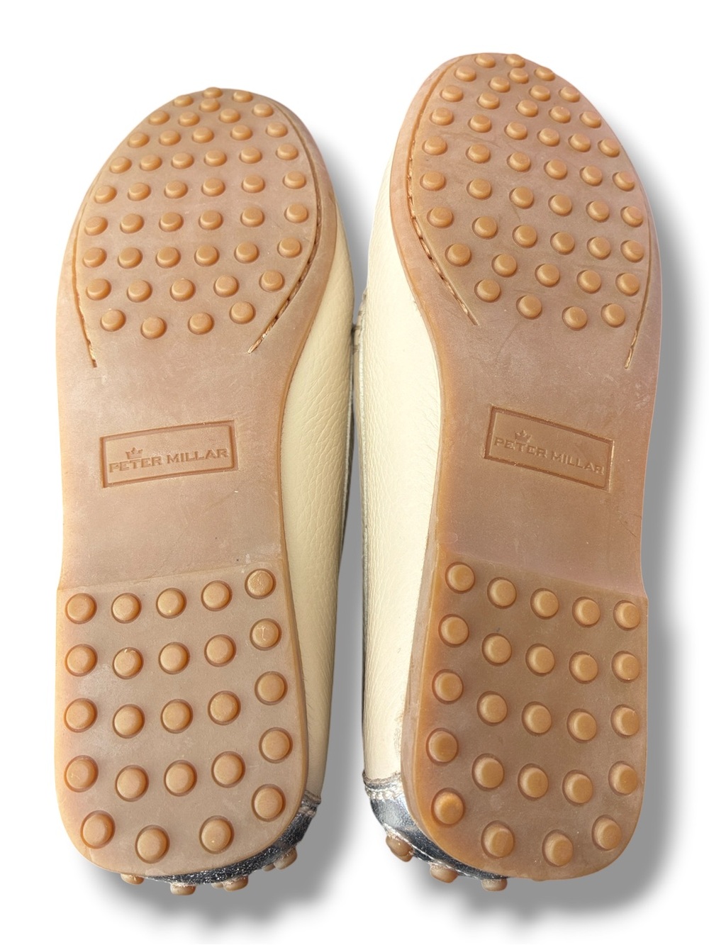 Peter Millar cream/ silver pebbled leather driving moccasins. New. Sz 6 - Picture 2 of 15